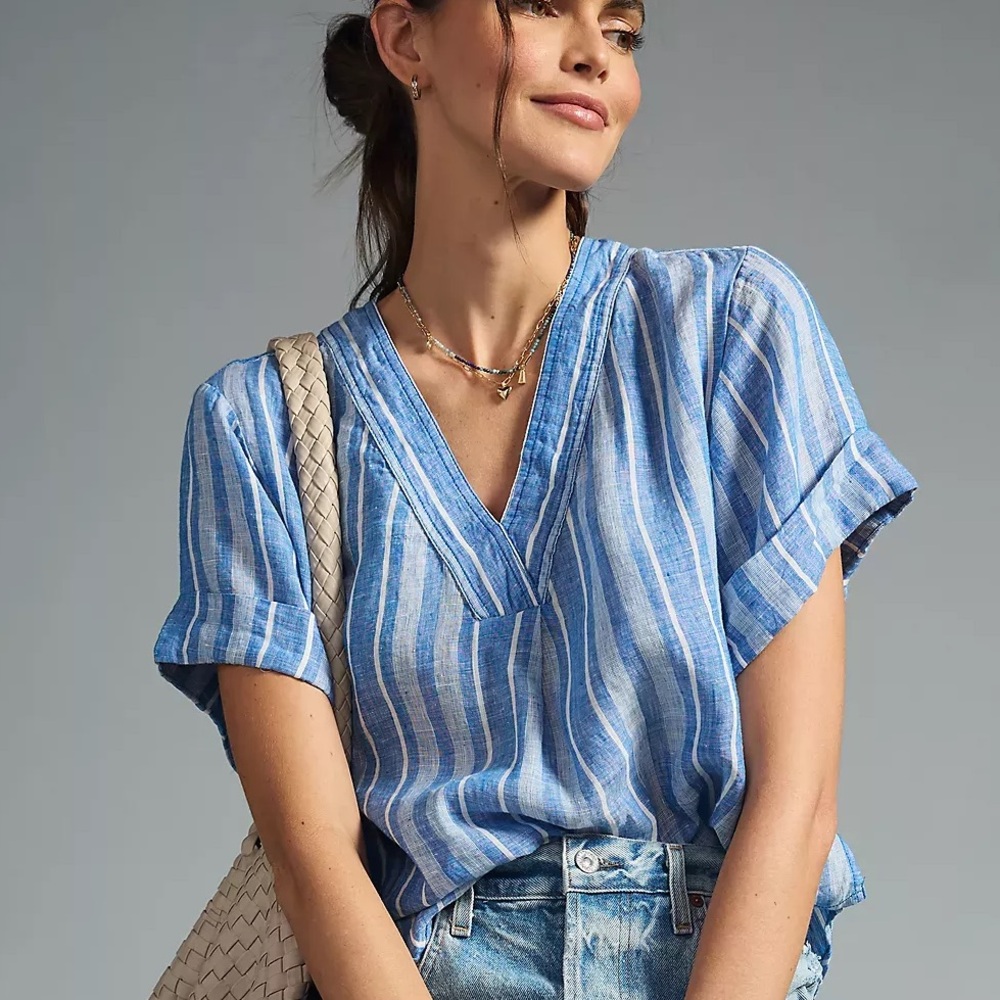 Pilcro Linen Henley Surf Shirt in Blue Motif